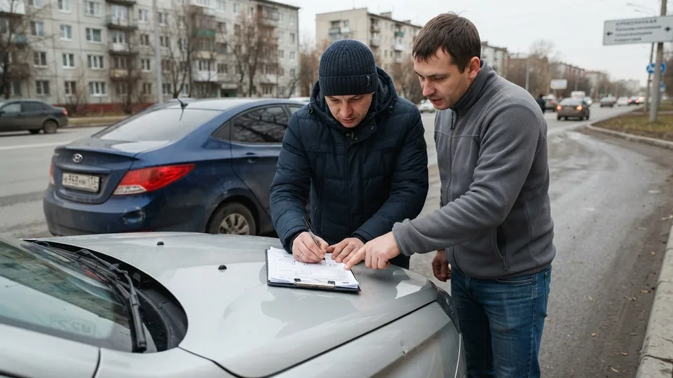 Два водителя заполняют извещение о ДТП на капоте машины