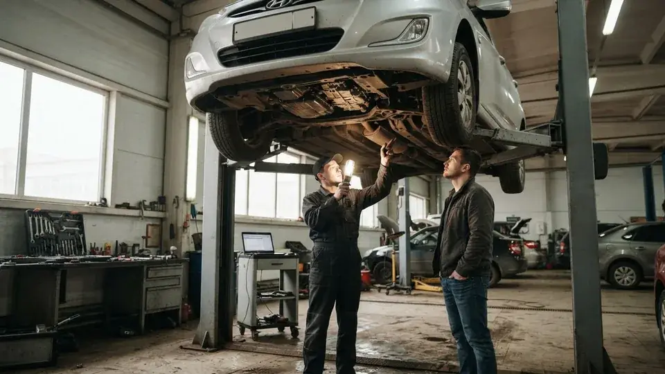 Hyundai Solaris на подъёмнике во время диагностики перед покупкой