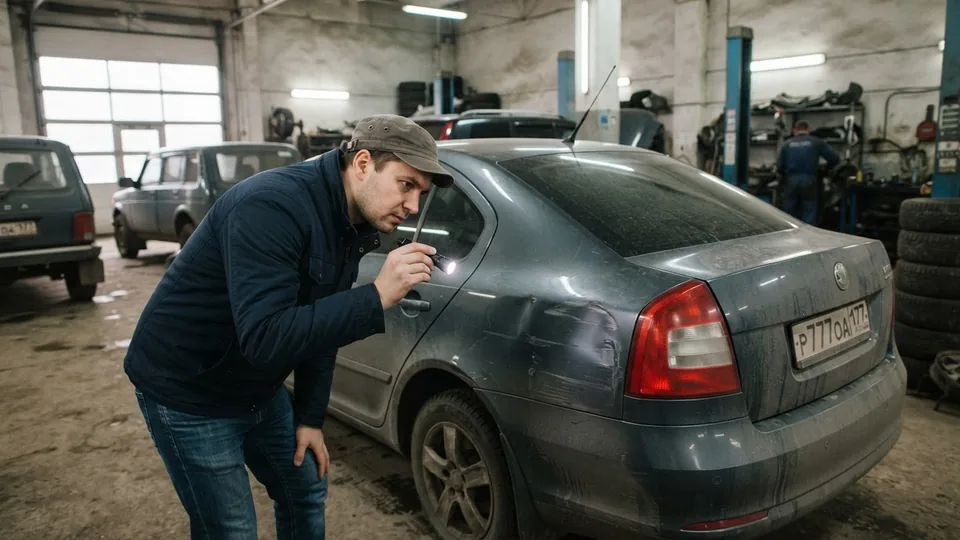 Покупатель осматривает кузов подержанного автомобиля с фонариком